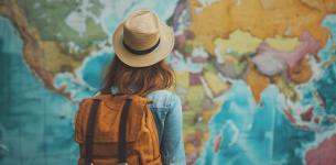 Image of a person wearing a hat and a rucksack standing in front of a large map of the world.
