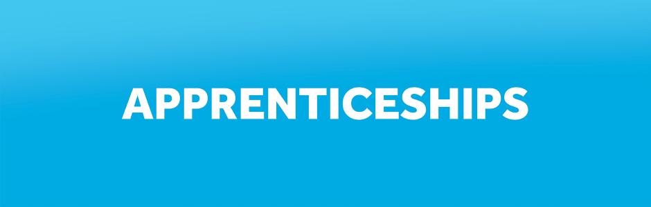 Apprenticeships: Deep banner image with a blue background and the word Apprenticeships written in white lettering.