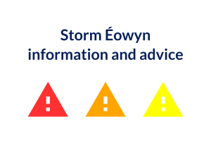 Red, amber and yellow warning triangles on a white background - Storm Eowyn information and advice