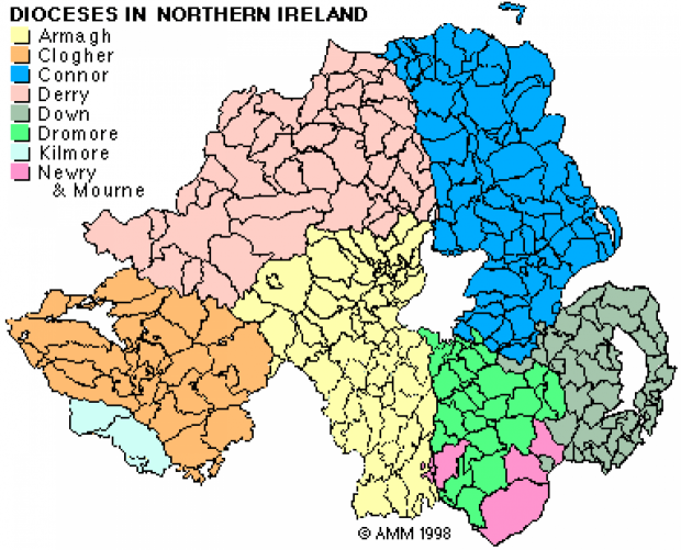 Colour coded map of Northern Ireland showing the outlines of each of the 8 dioceses in Northern Ireland