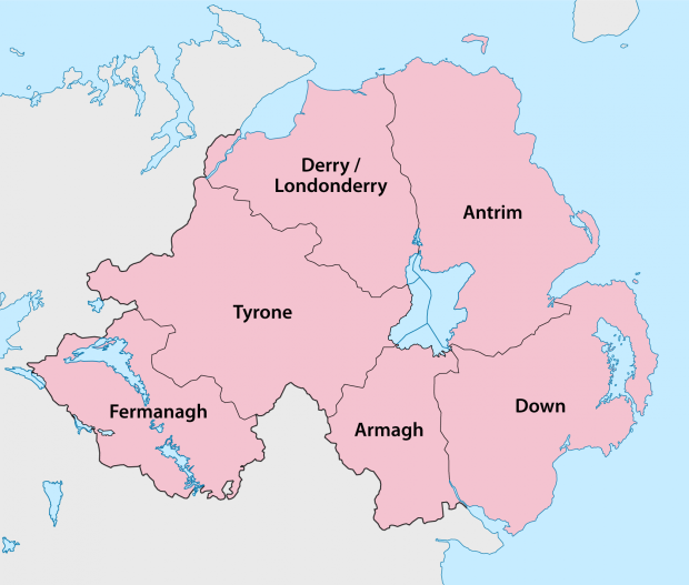 Map of Northern Ireland showing the outlines of each of the six counties